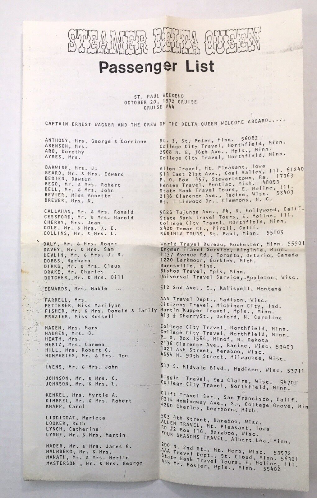 Delta Queen Steamer Ship Passenger List St. Paul Weekend 10/20/1972 #44