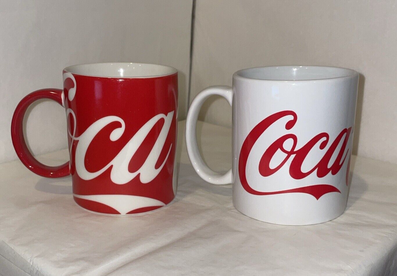 TWO Coca Cola Coffee Tea Mug Red OR White Background & Lettering Two Cups 12oz