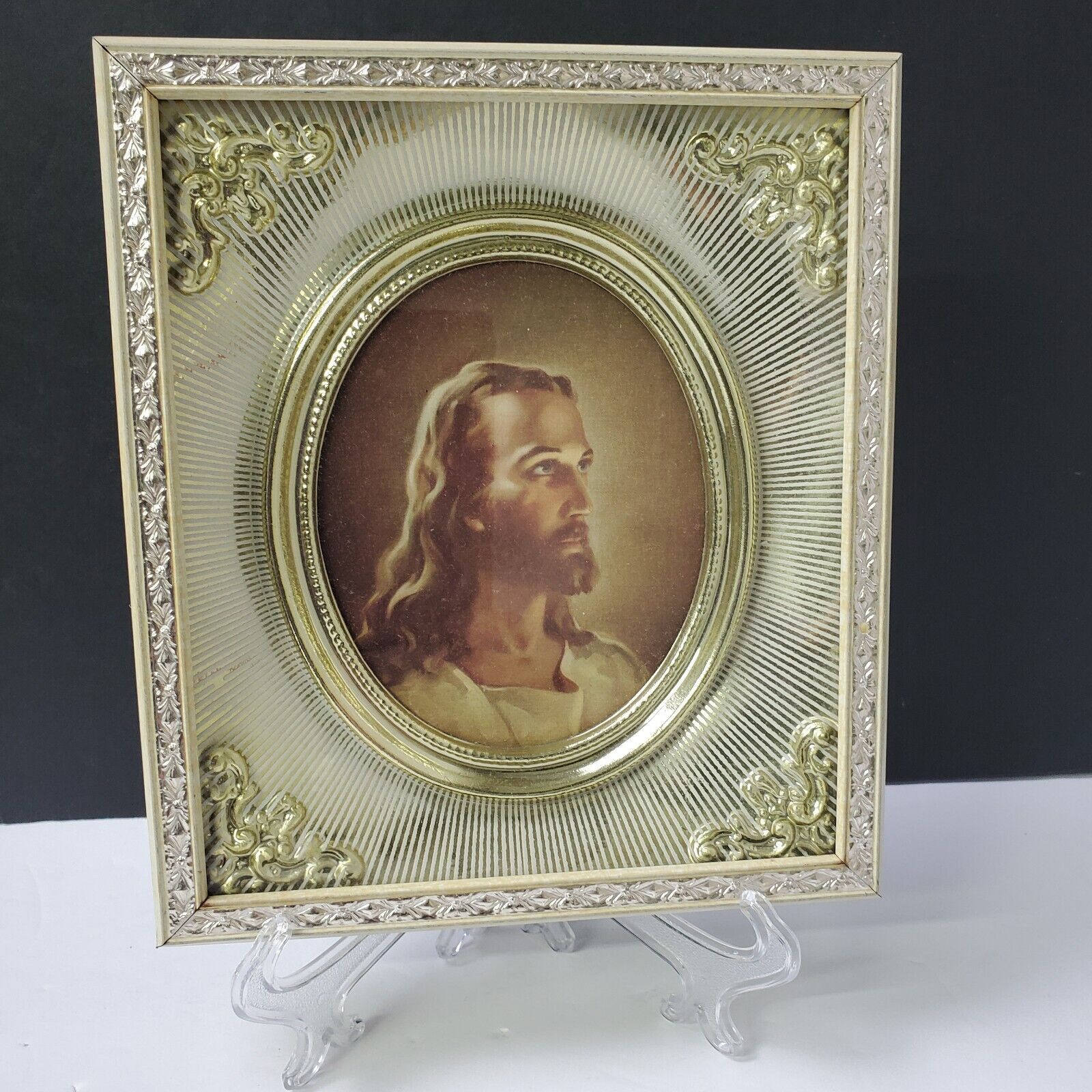 Vintage Head of Christ Shadow Box Wall Art Gold Ornate Framed Catholic Religious
