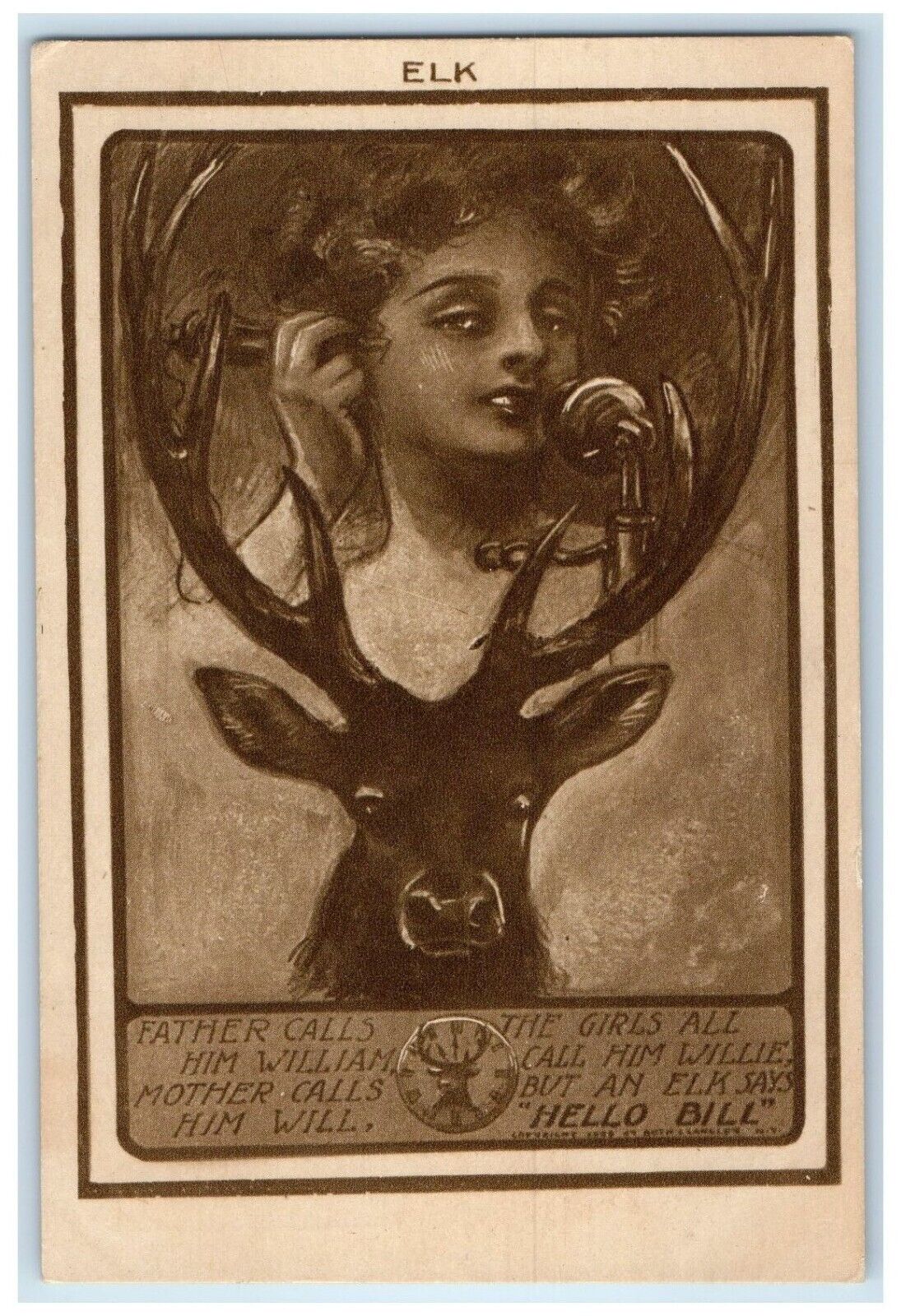 c1910's Woman Telephone Father Calls BPOE Elk Unposted Antique Postcard