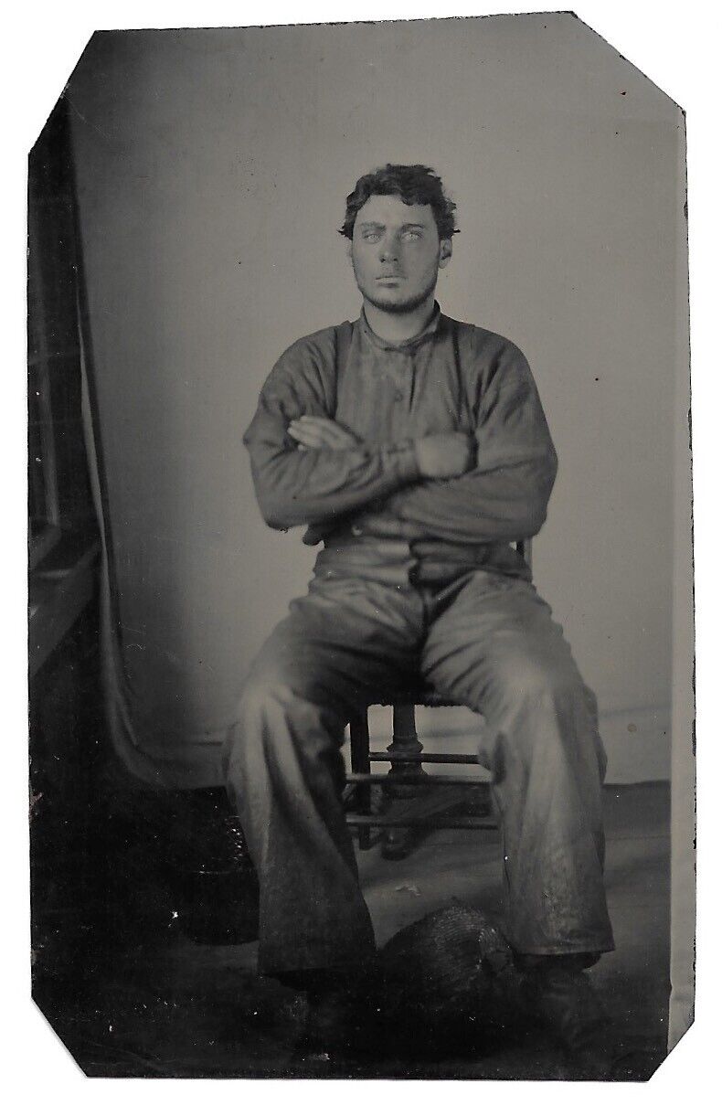 Handsome Man In Western Attire, Straw Hat On Floor, Antique Tintype Photo