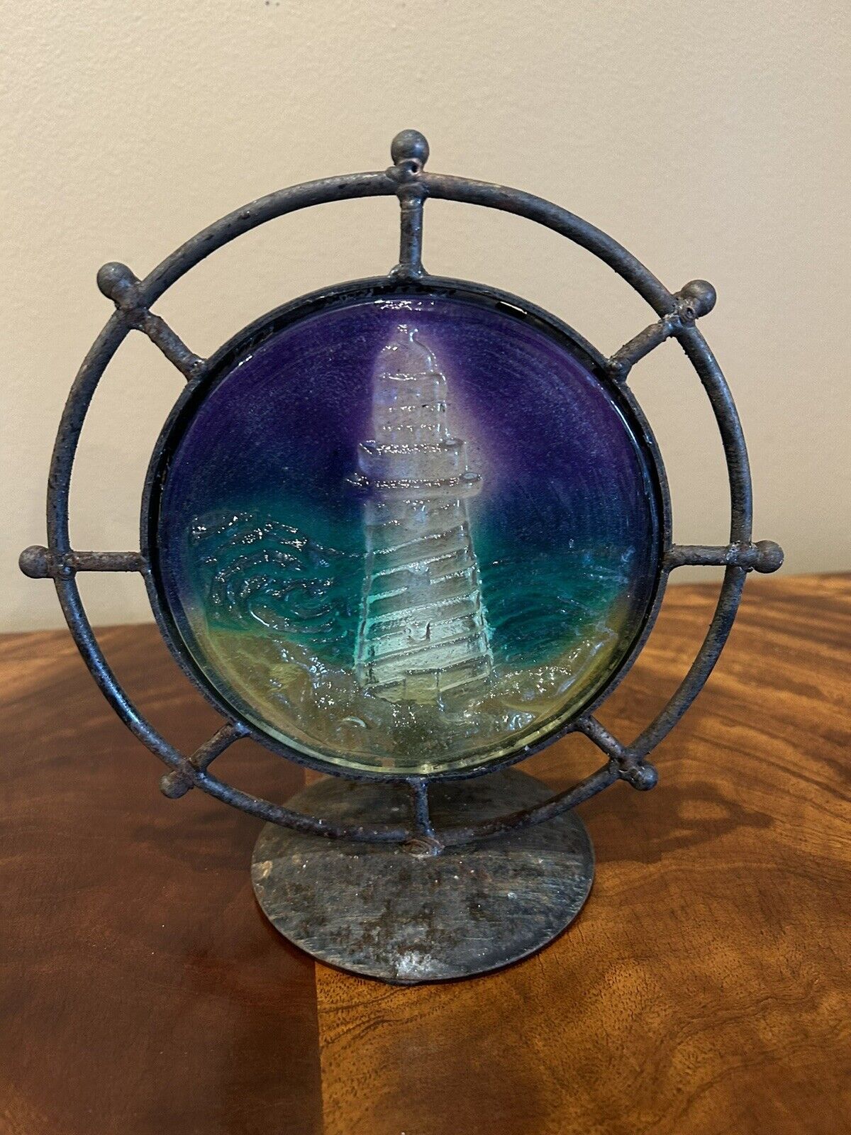 Lighthouse 3D Stained Glass Tea Light Candle Holder Ships Wheel Metal Decor 