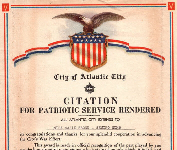 WWII Atlantic City Patriotic Service Sewing Moms Home Front Certificate