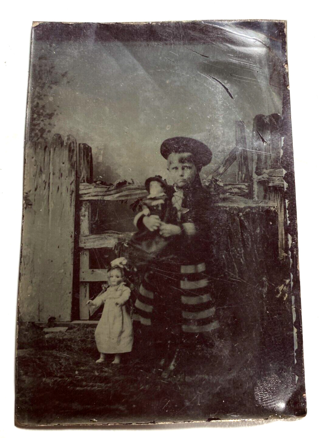 Antique Tintype Victorian Photograph of Young Girl w Bisque Dolls / tin type
