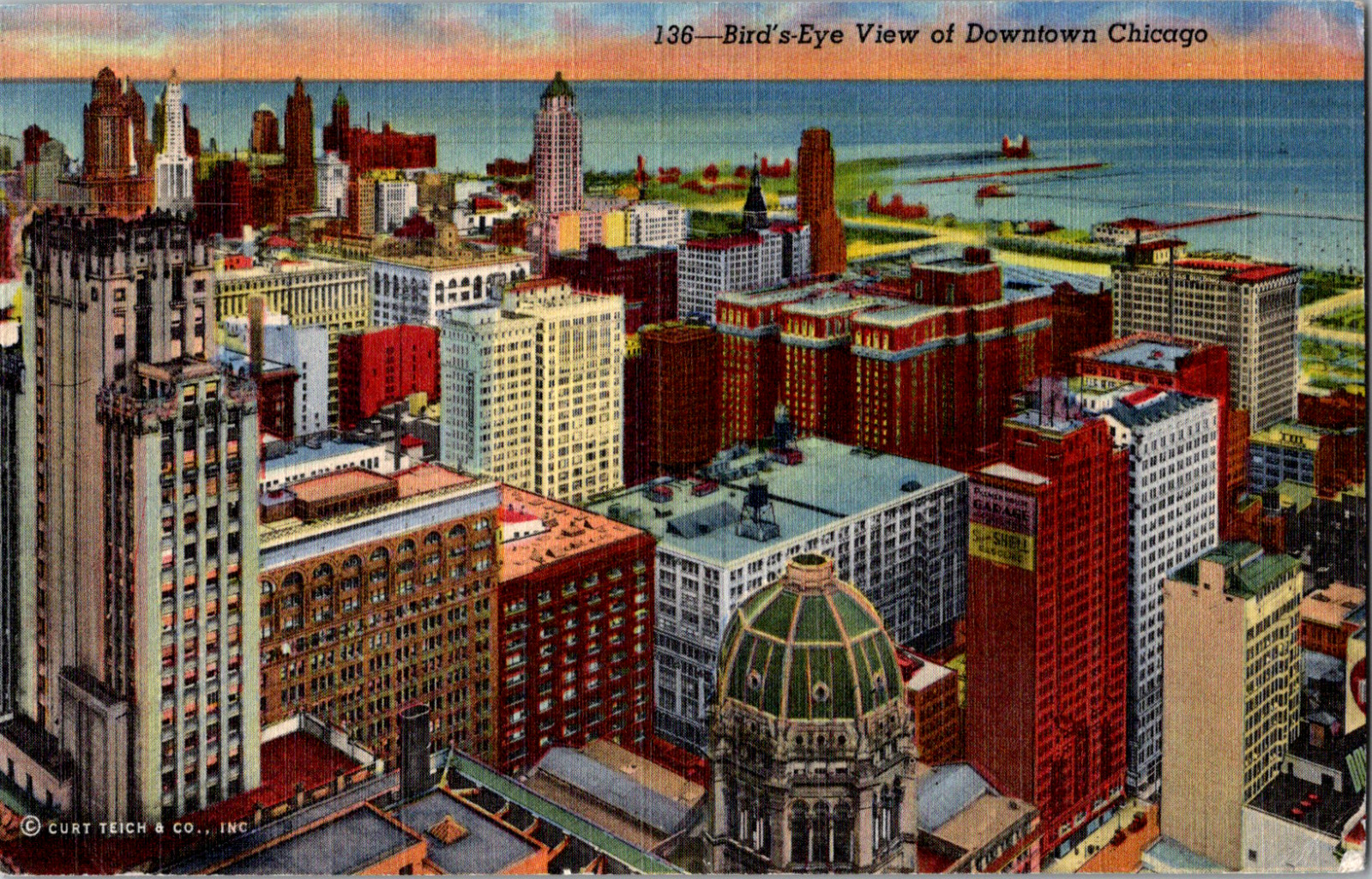 Vintage C. 1940's Birds Eye View Downtown Chicago Sunset Roof Tops IL Postcard
