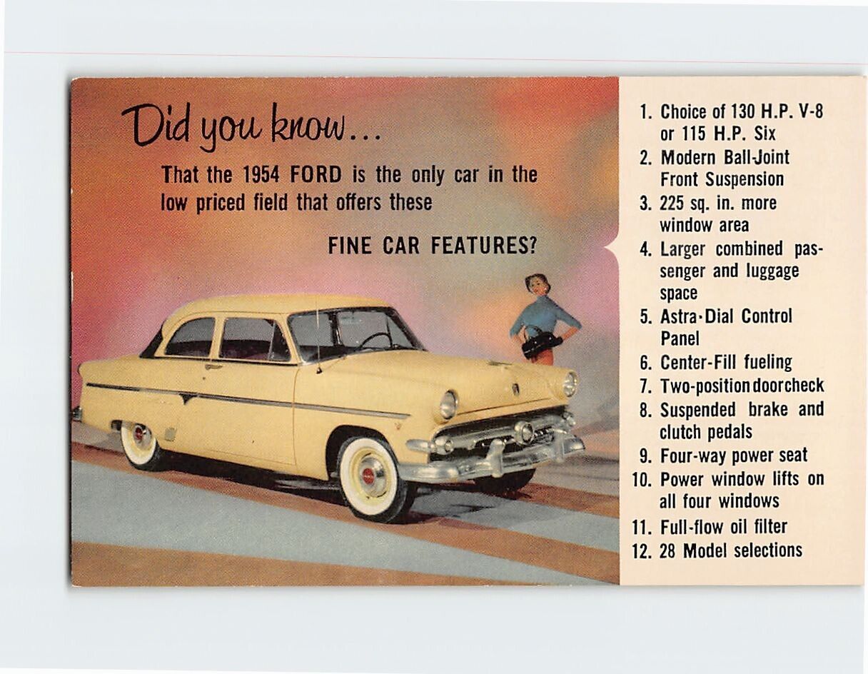 Postcard 1954 Ford Car Features