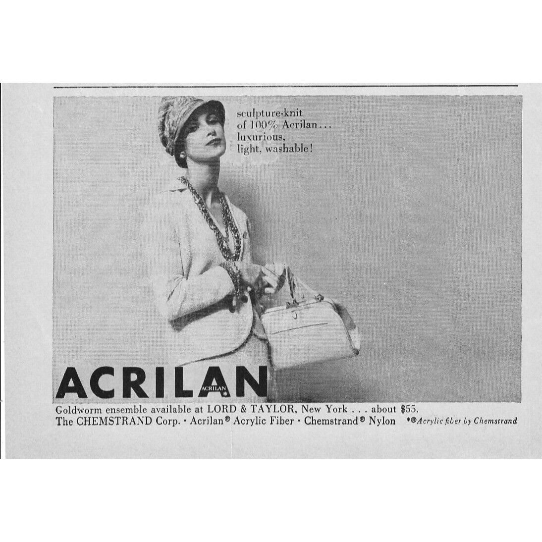 Acrilan Sculpture Knit Lord Taylor NYC 1960s Vintage Print Ad 9 inch W