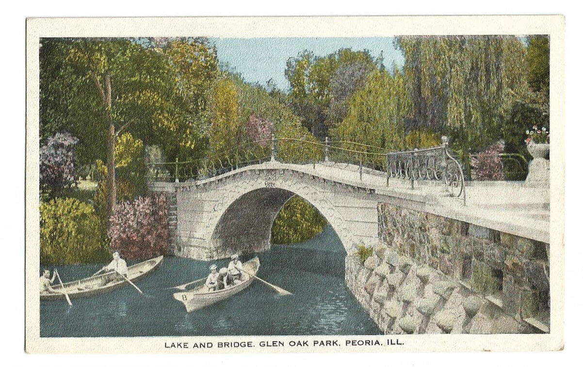 Peoria Illinois IL Postcard Glen Oak Park Bridge Canoes c1920