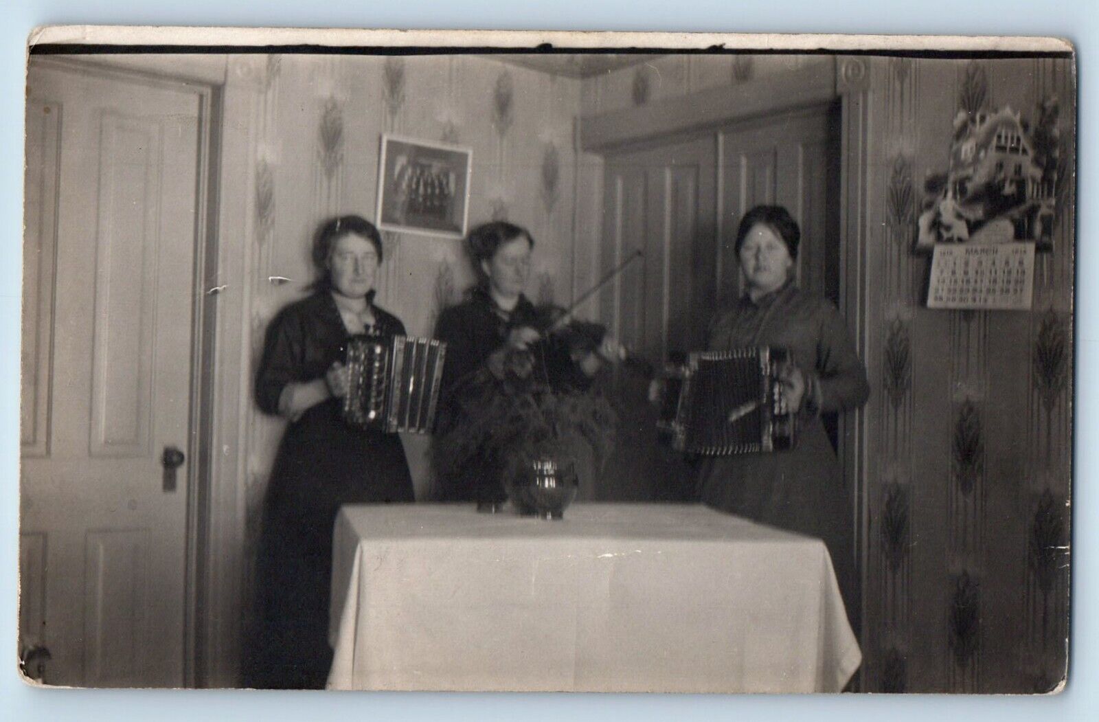 Women Postcard RPPC Photo Musicians Accordion Violin House Interior c1910\'s
