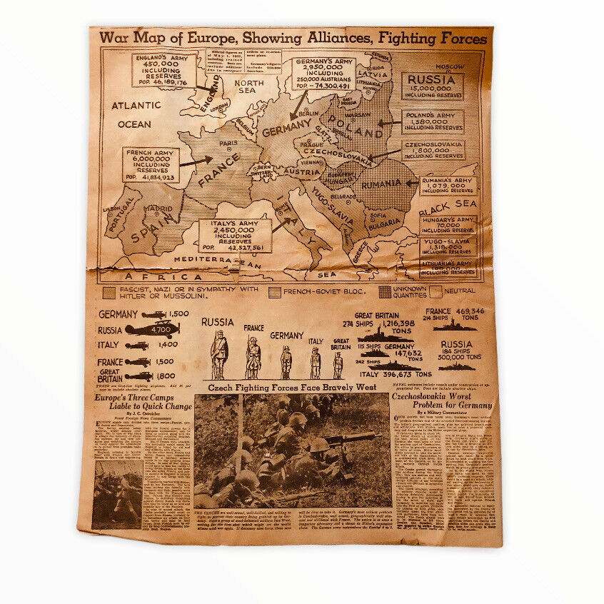 1938 War Map Newspaper w Very detailed MAP of Alliances Poor Condition March 20