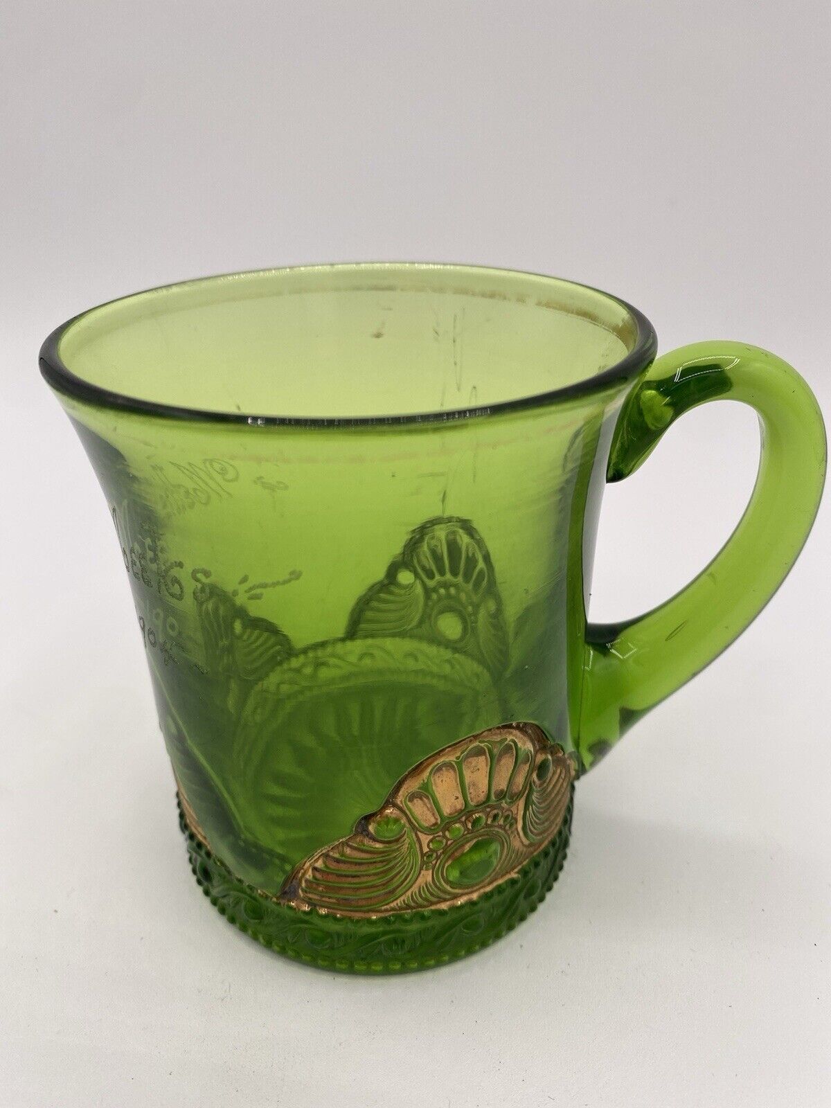 Antique 1904 Fair Souvenir Green Glass Mug Gold Gilt and Gold Rim Dated (15)