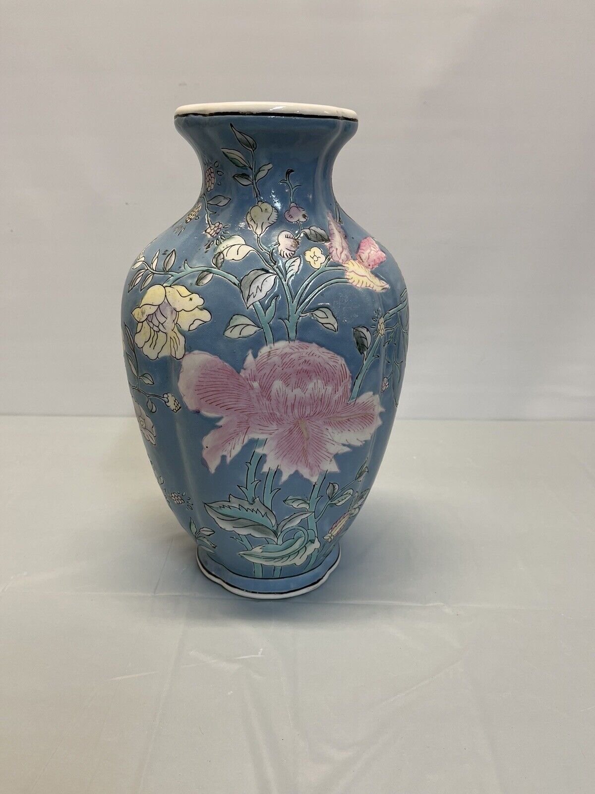 Vintage WBI  Hand Painted Pink Peony Multi-Flower Vase. Light Blue Base Color