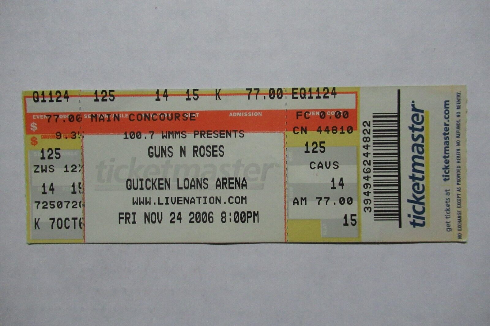 GUNS N ROSES/SEBASTIAN BACH CONCERT TOUR 11/24/2006 FULL TICKET THE Q CLEVELAND