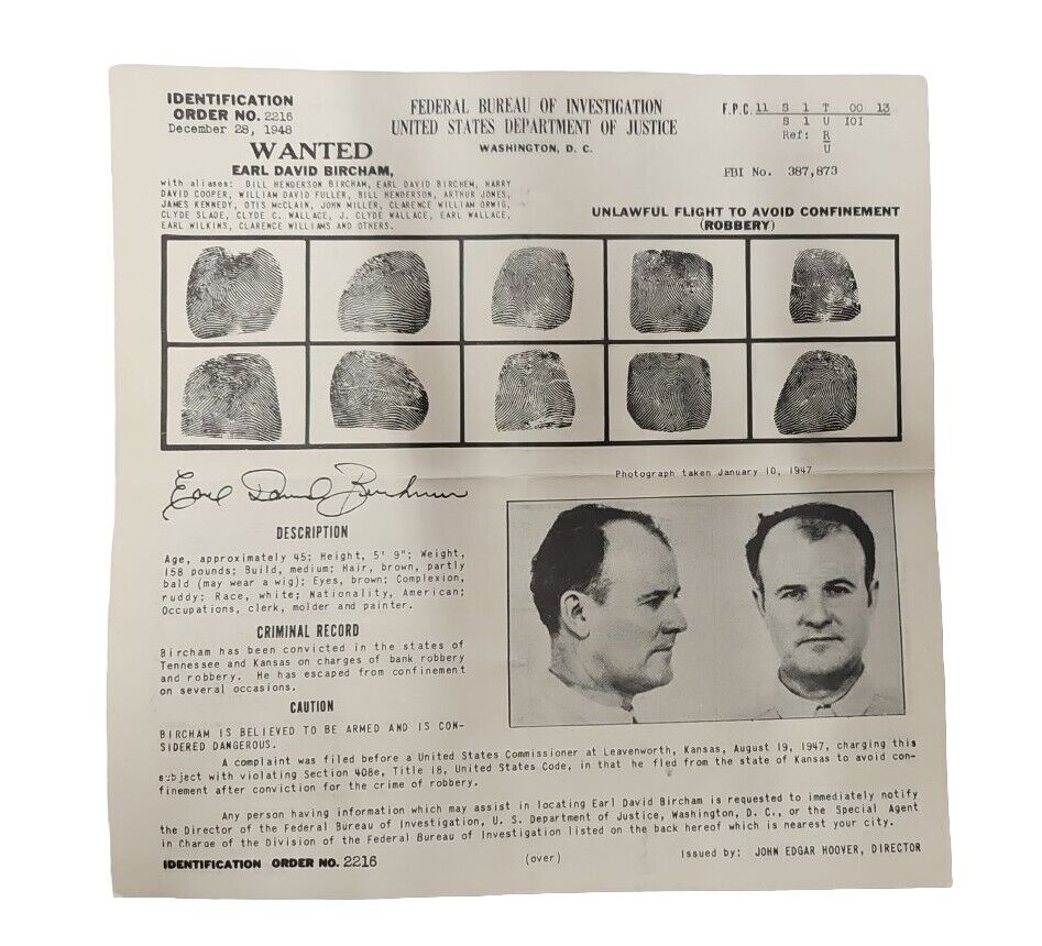FBI WANTED POSTER - Earl David Bircham  - 1940s GANGSTER - Public Enemy No. 1