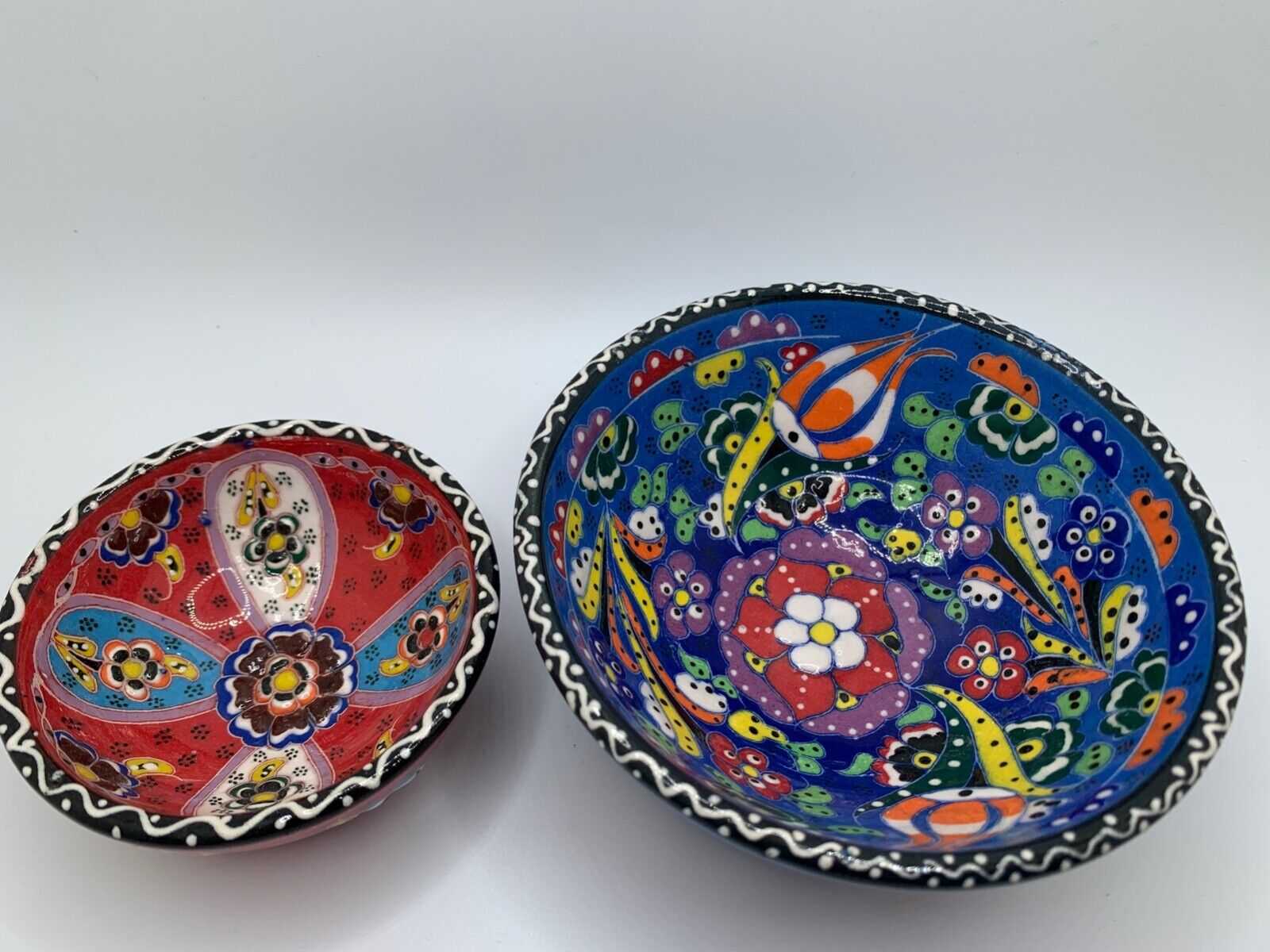 Lot of 2 Turkish Ceramic Trinket Bowl Hand Painted Decorative Design Red & Blue