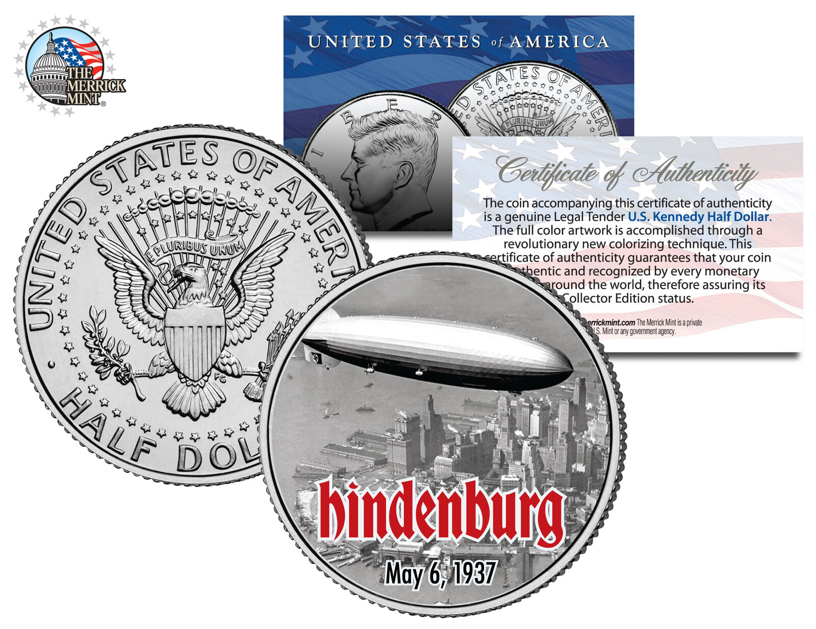 HINDENBURG LZ-129 AIRSHIP * Flying Over NYC * Kennedy Half Dollar U.S. Coin
