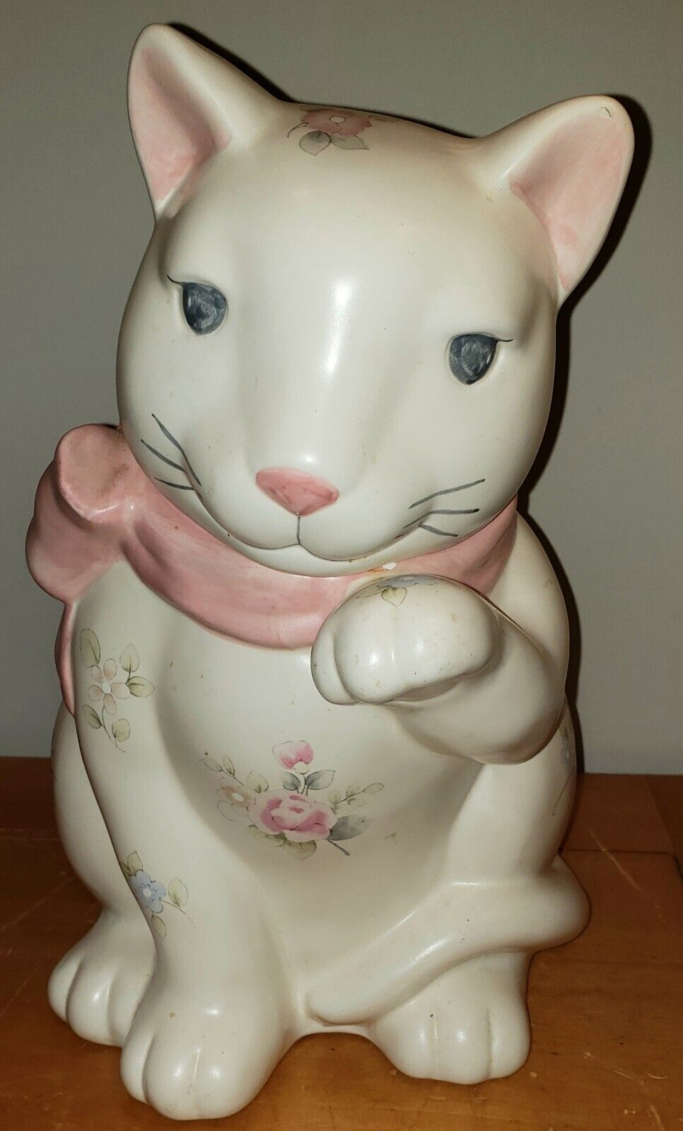 Rare Pfaltzgraff Tea Rose White Cat Cookie Jar Pink Flowers Missing Ribbon 11.5