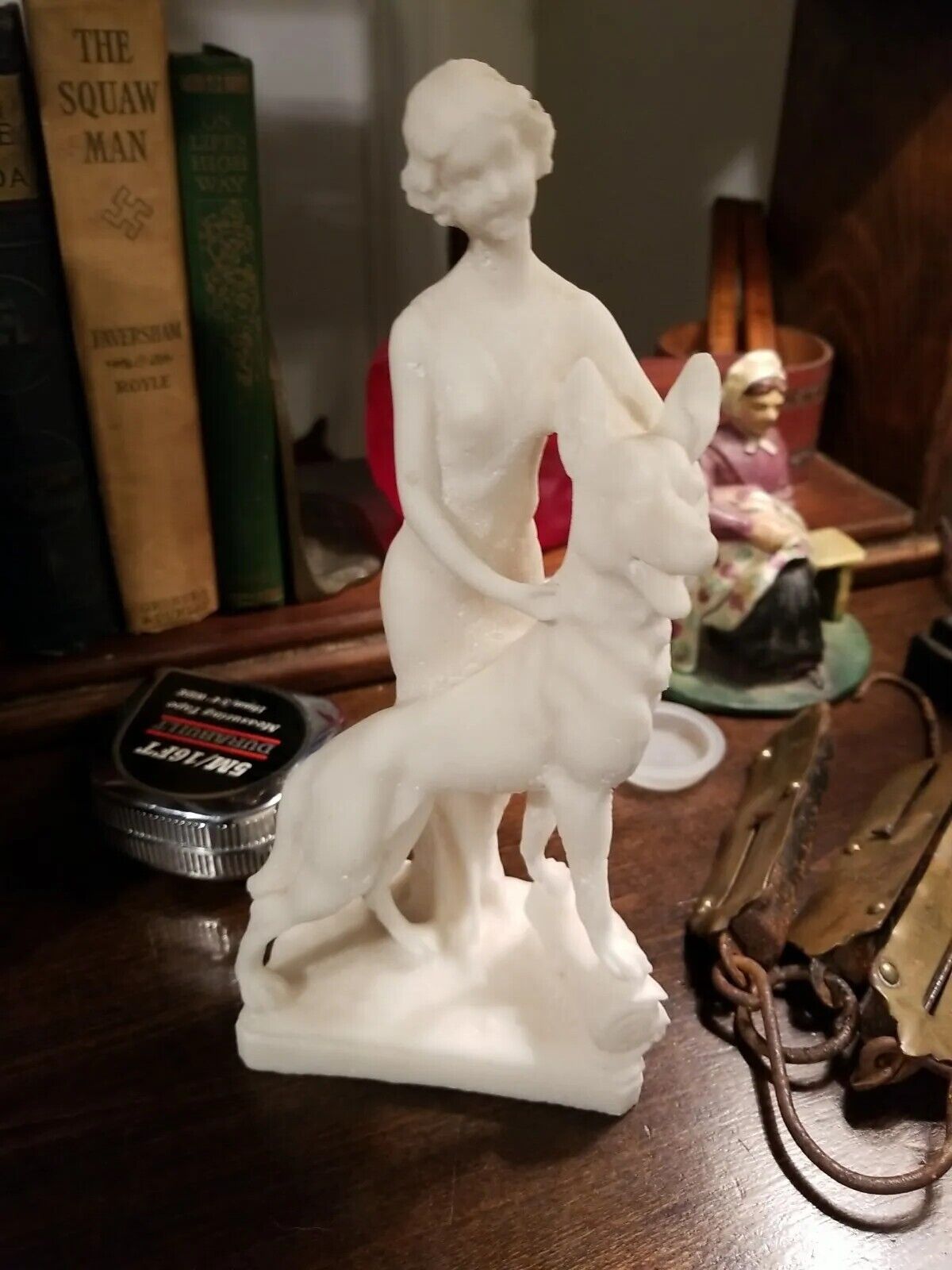 Vintage Alabaster Victorian Woman & Dog Figurine