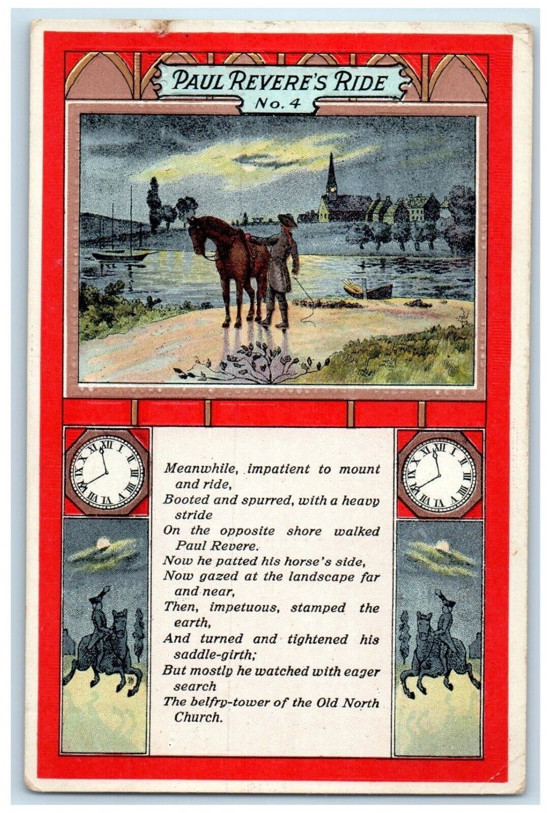 c1910\'s Paul Revere\'s Ride No. 4 Horse Boat Scene Embossed Antique Postcard