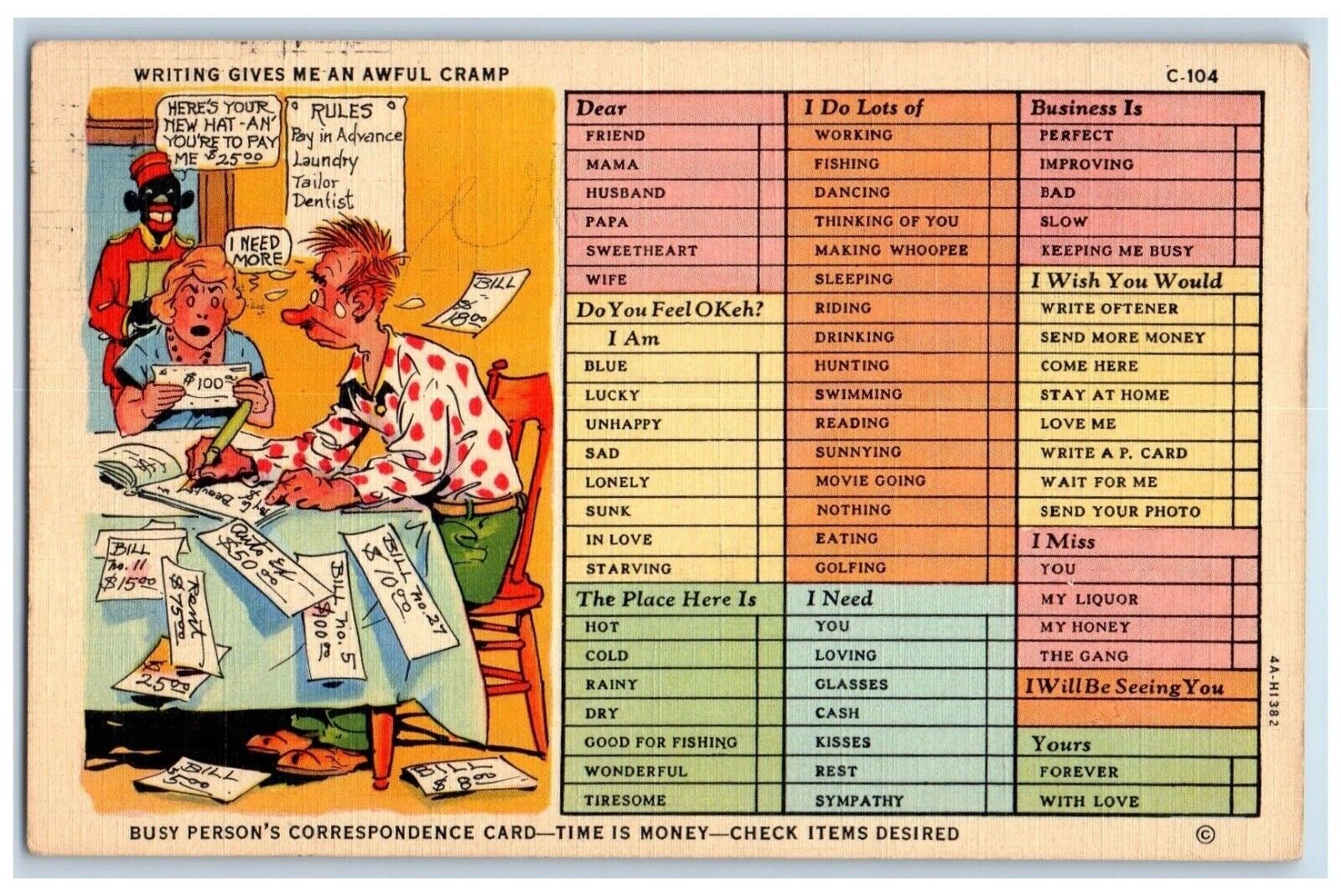c1930\'s Writing Gives Me An Awful Cramp Correspondence Checklist Postcard