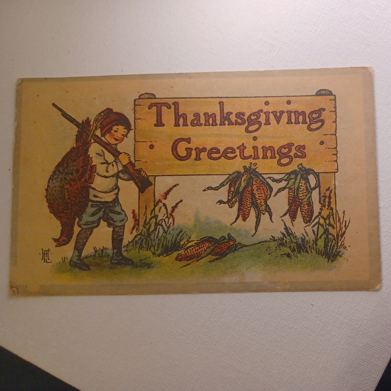 Vintage Thanksgiving Greetings Postcard Boy & Turkey Fall Corn VT