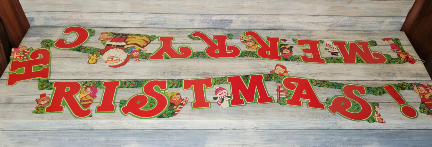Vintage MCM Amscan Merry Christmas 7ft Long Banner Elves Gnomes Elf