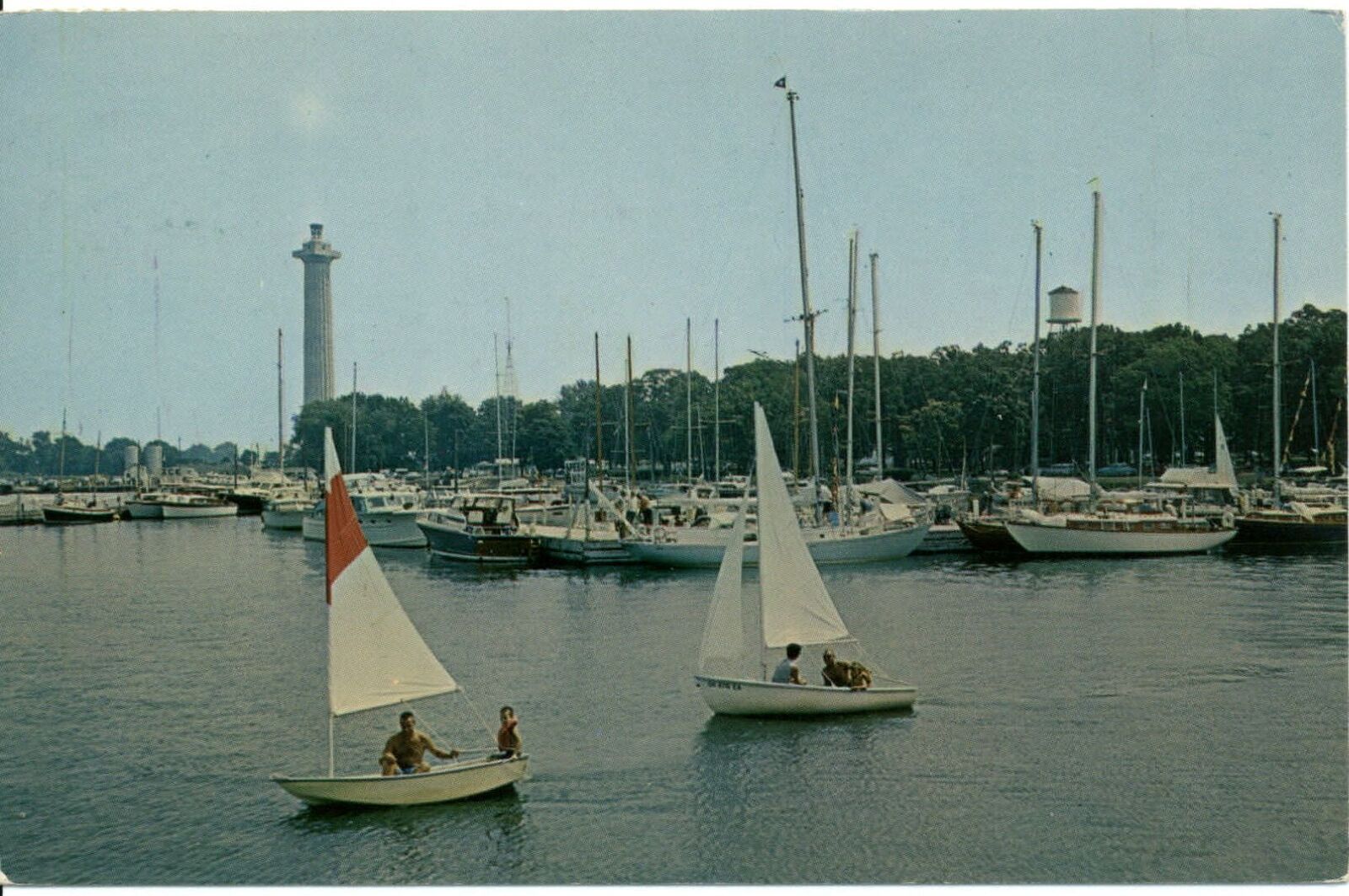 Put-in-Bay Harbor South Bass Island Ohio~ Perry\'s Monument~ sailboat~ 1950-60s