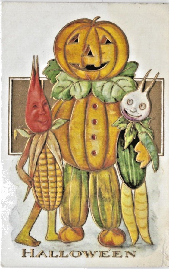1910 Halloween Postcard Anthropomorphic Pumpkin Man &Vegetable People