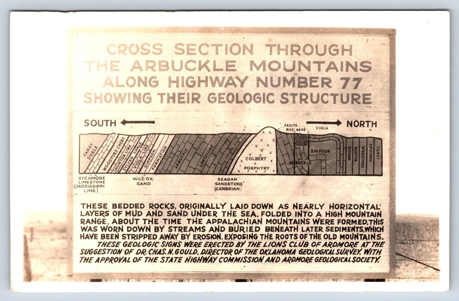 Postcard OK RPPC Davis Geologic Structure Signs Survey Arbuckle Mtns Hwy 77 E3