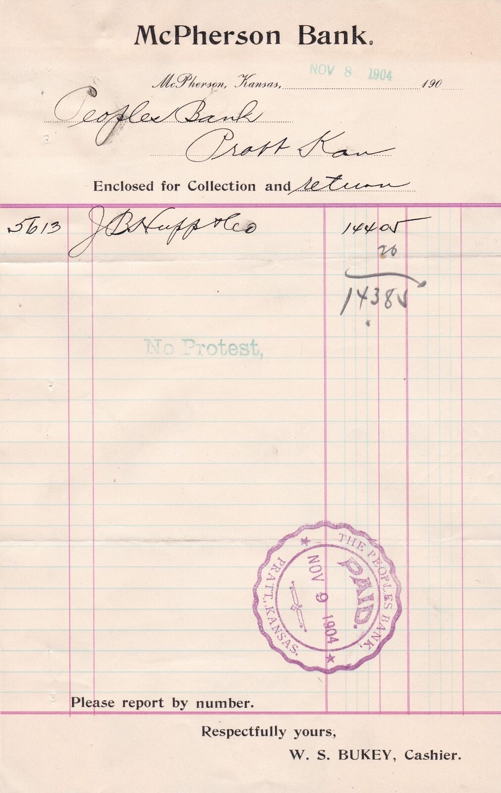 U.S. McPHERSON BANK, McPherson, Kansas 1904 Headed Paid Cancel Invoice Ref 45456