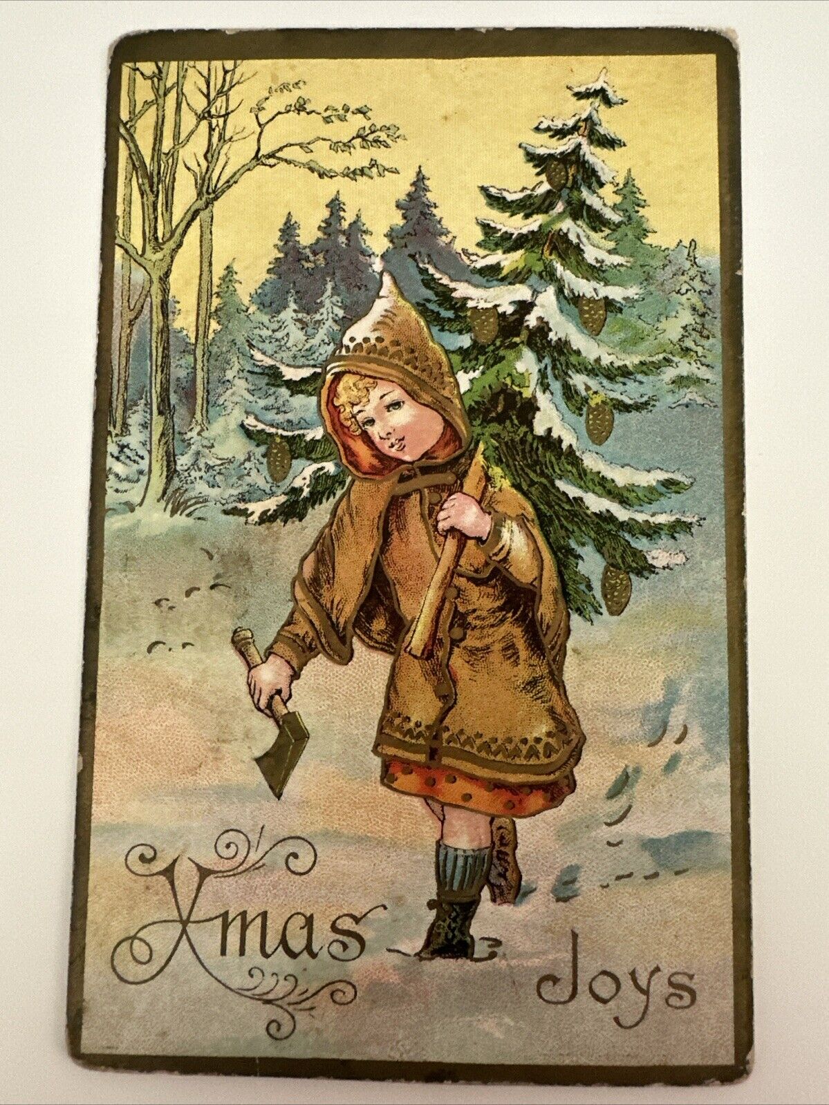 Vintage Postcard Child Carrying Christmas Tree And Ax Embossed Xmas Joys