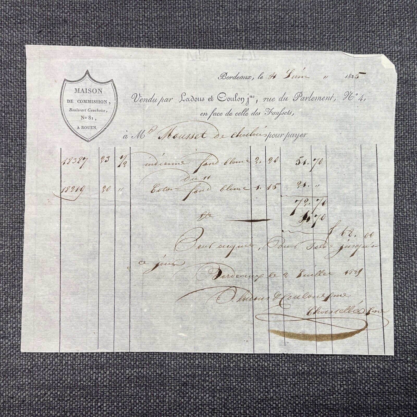Antique Document 1825 French Bill Head Ledger Receipt Commission House