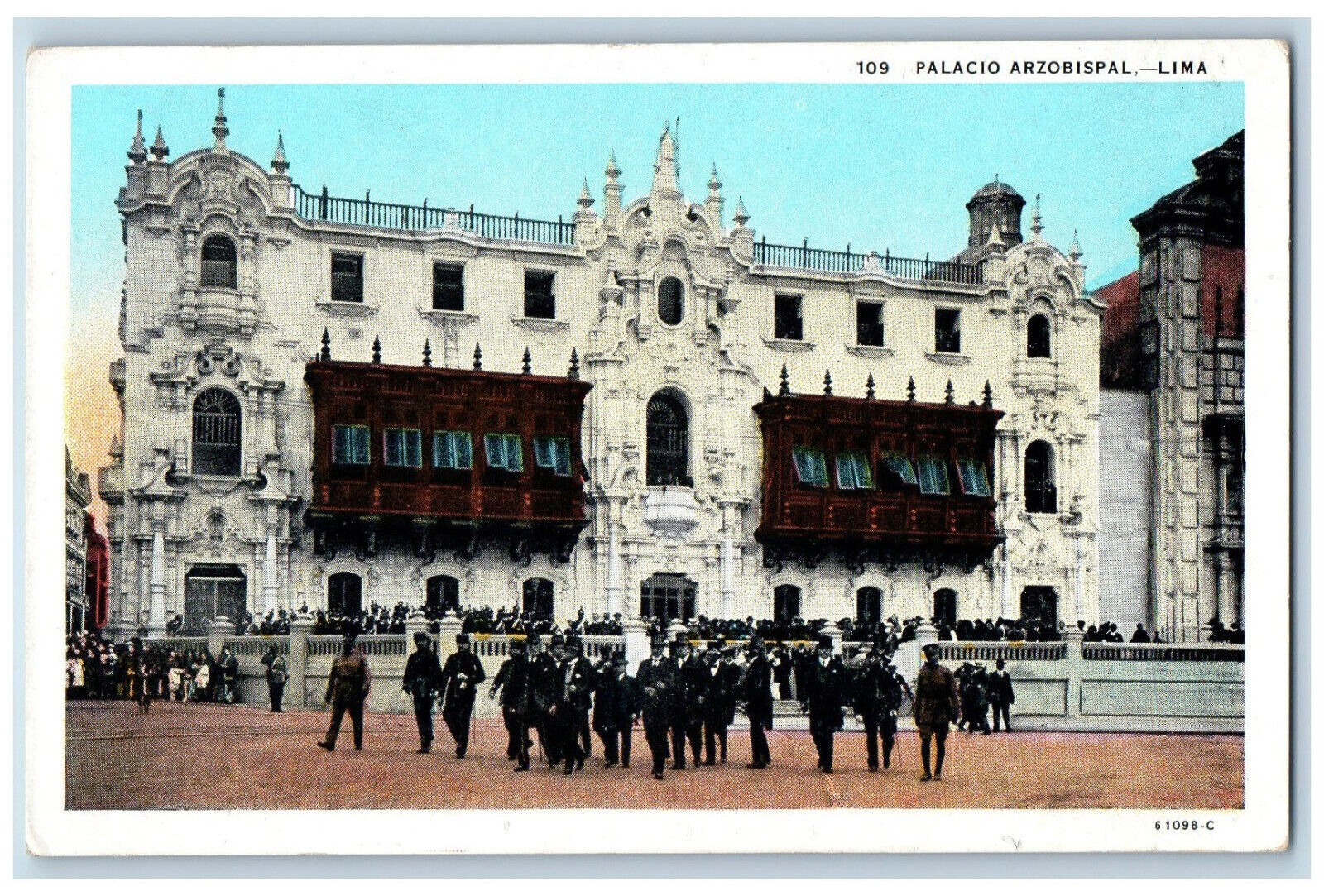Lima Peru Postcard Archbishop's Palace Crowd Scene c1950's Vintage Unposted