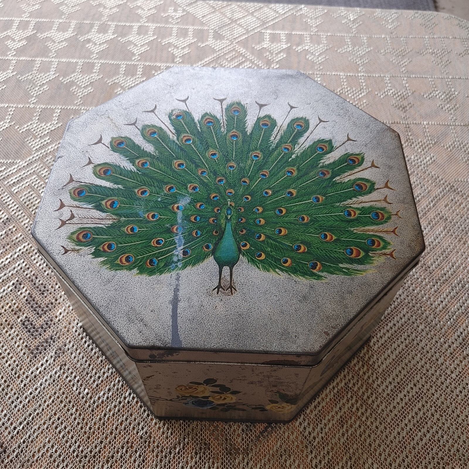 Vintage Chinese Hexagon Tin Peacock Display Box Collectible