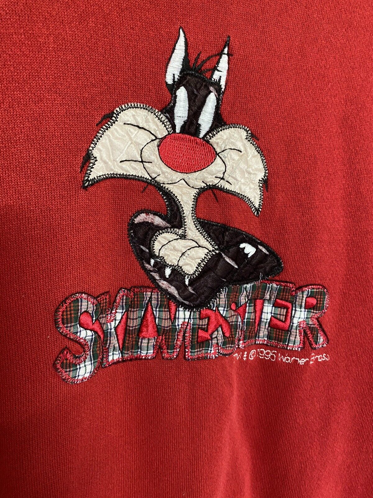 1995 Vintage Looney Tunes Sylvester Sweatshirt Shirt Embroidery Red Cat Kitty