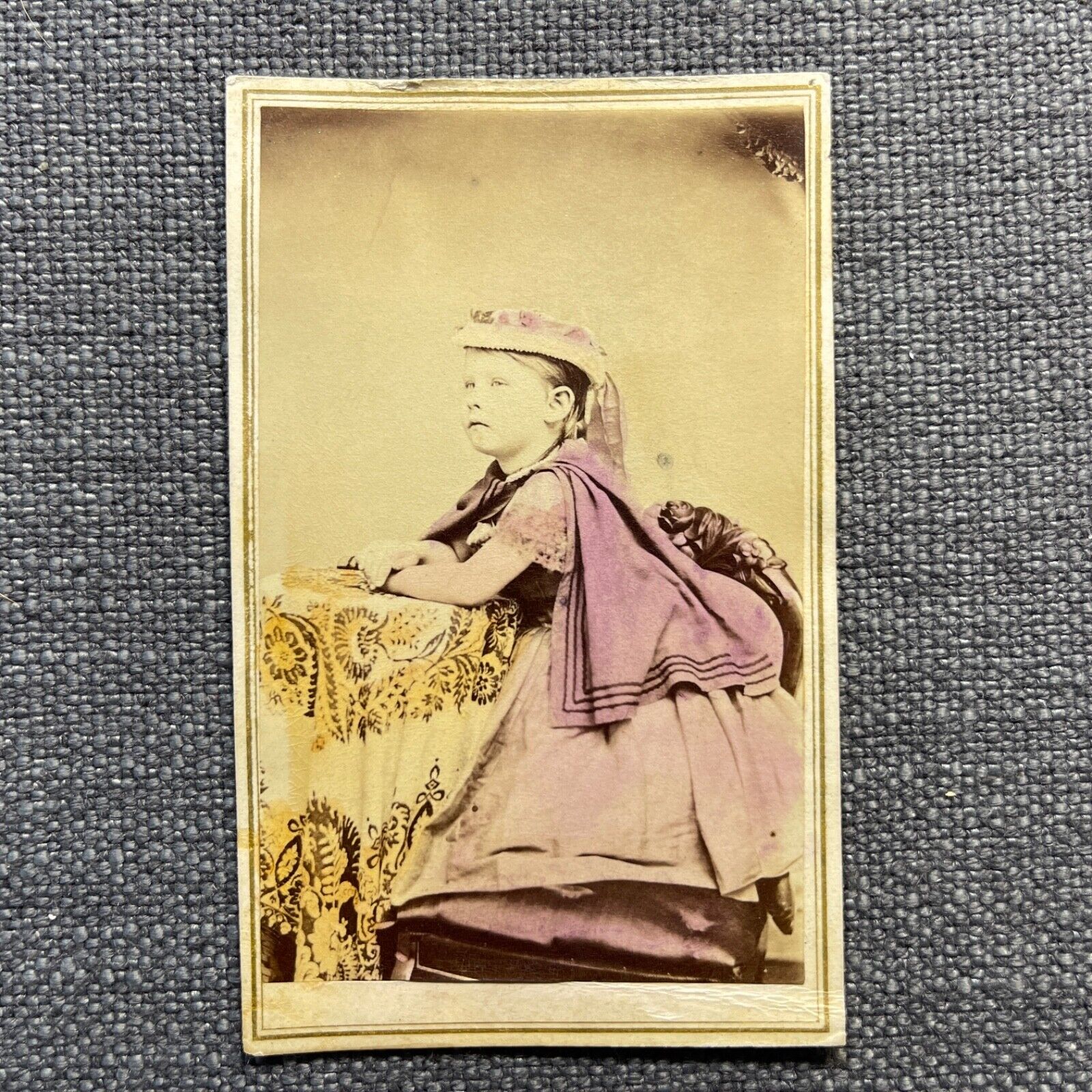 CDV Photo Antique Carte De Visite Little Girl in Cape Dress with Hat Hand Tinted