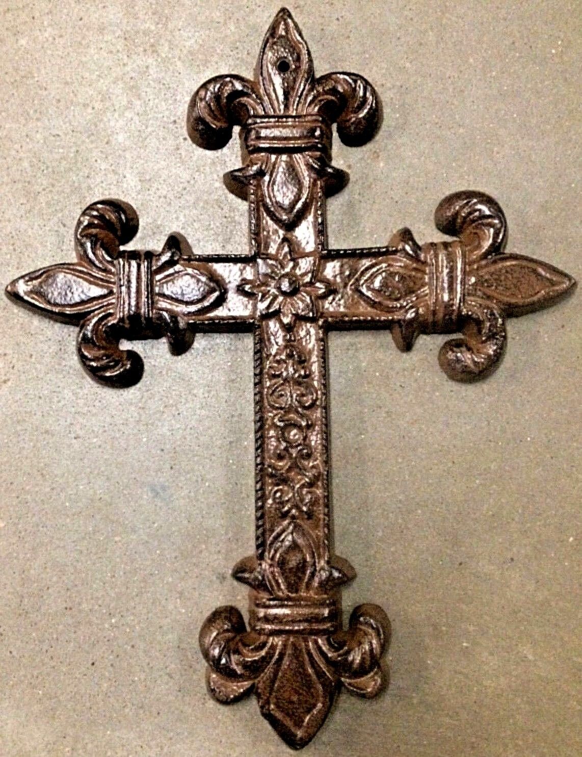 Large FLEUR DE LIS CROSS Antique Brown Patina Finish for wall mounting 9\