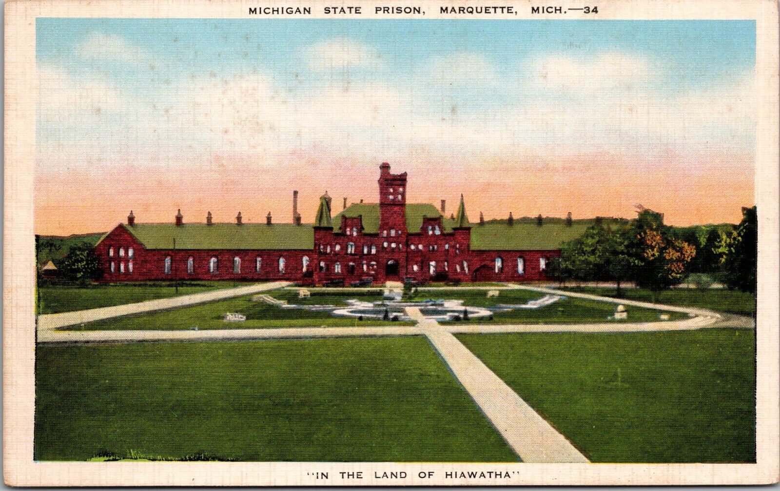Marquette MI Michigan State Prison Sunken Gardens Kropp Linen Postcard Post Card