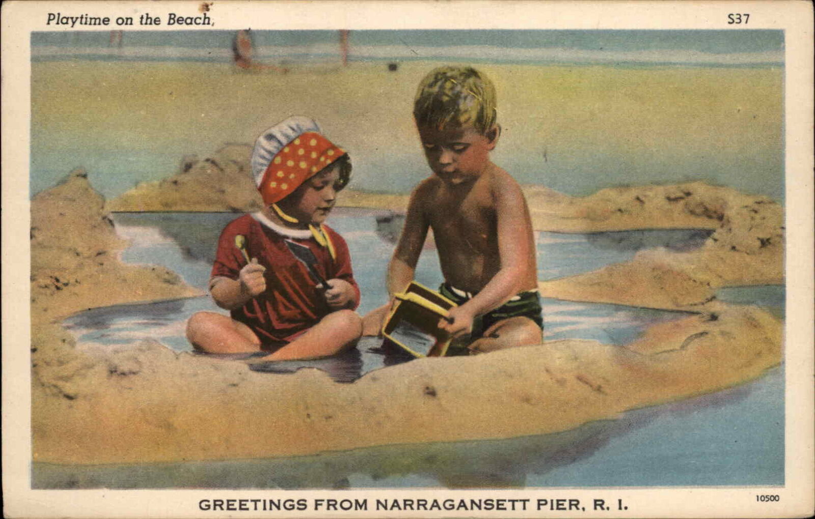Narragansett Pier Rhode Island RI Children Playing Beach Toys Linen Vintage PC