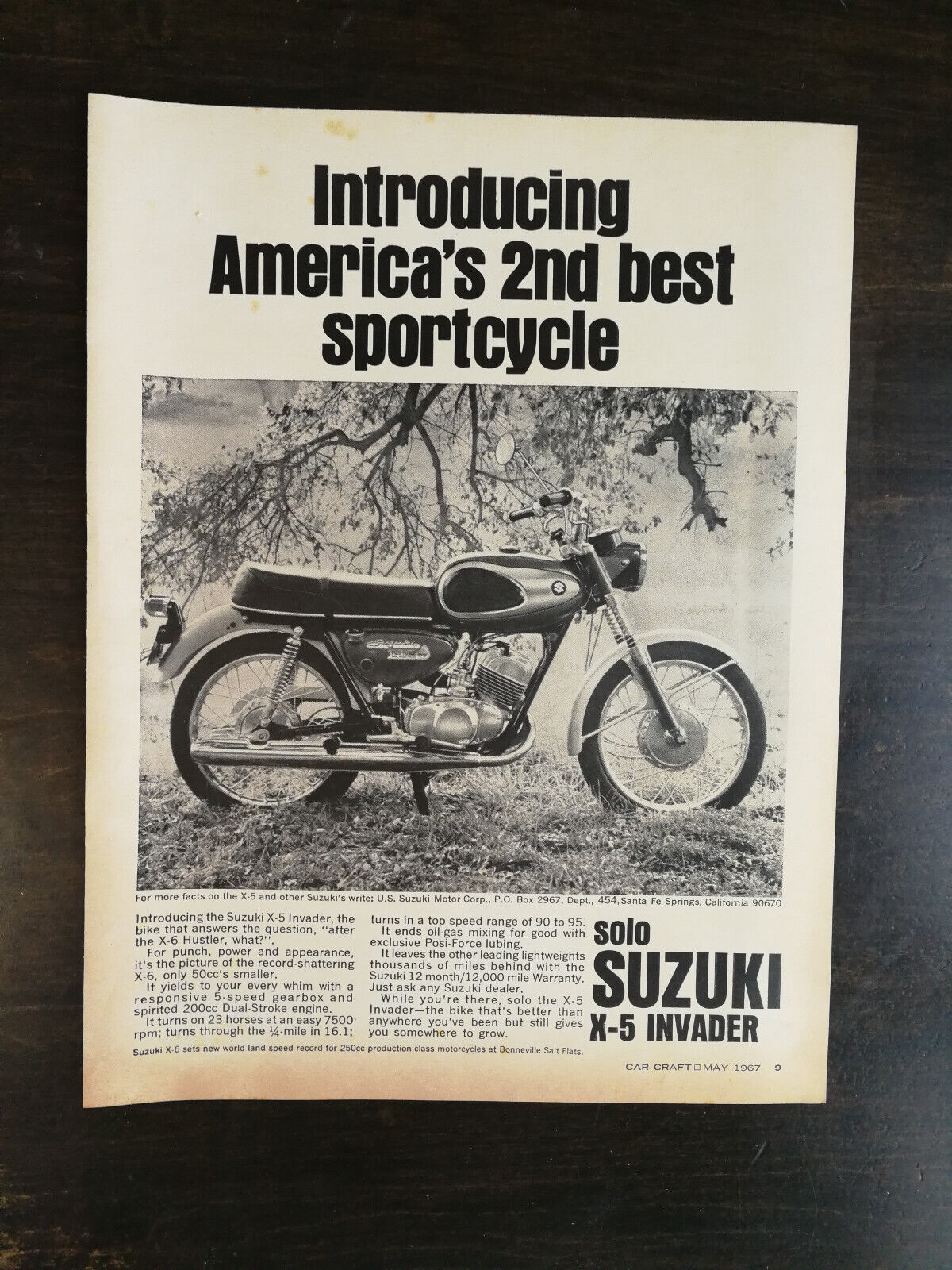 Vintage 1967 Suzuki Solo X-5 Invader Full Page Original Ad 1022