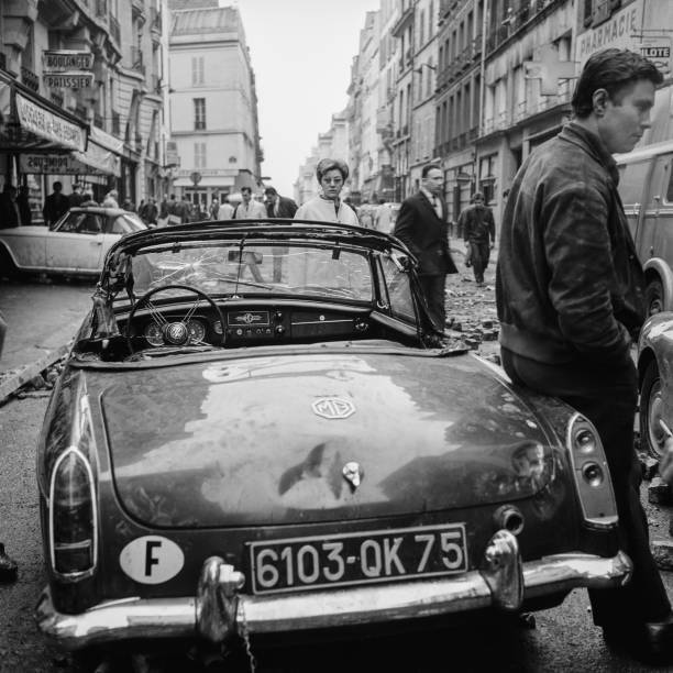 A car stoned after a student demonstration rue d\'Ulm Paris Fra- 1968 Old Photo
