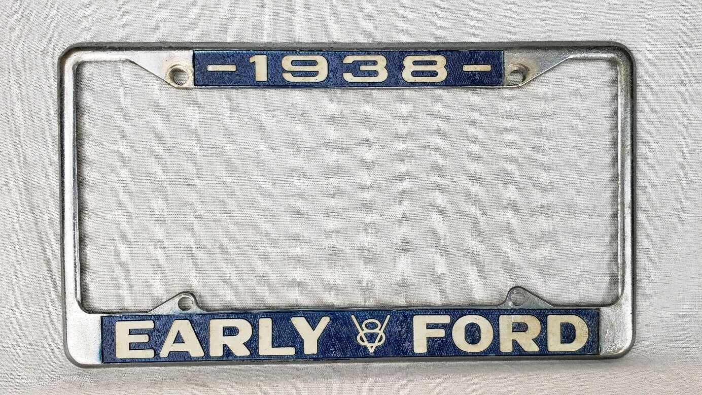 Vintage 1938 Early V8 Ford License Plate Frame Chrome Advertising Gas Oil Auto
