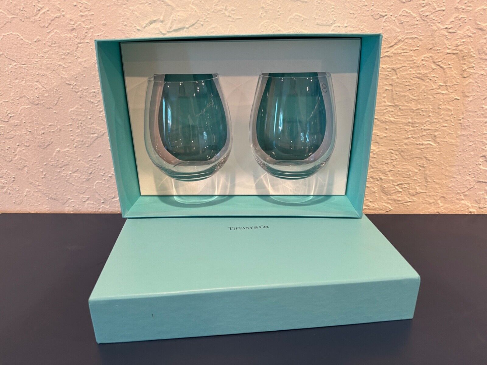 Tiffany & Co Stemless Red Wine Glasses in Crystal Glass, Set of Two - New In Box