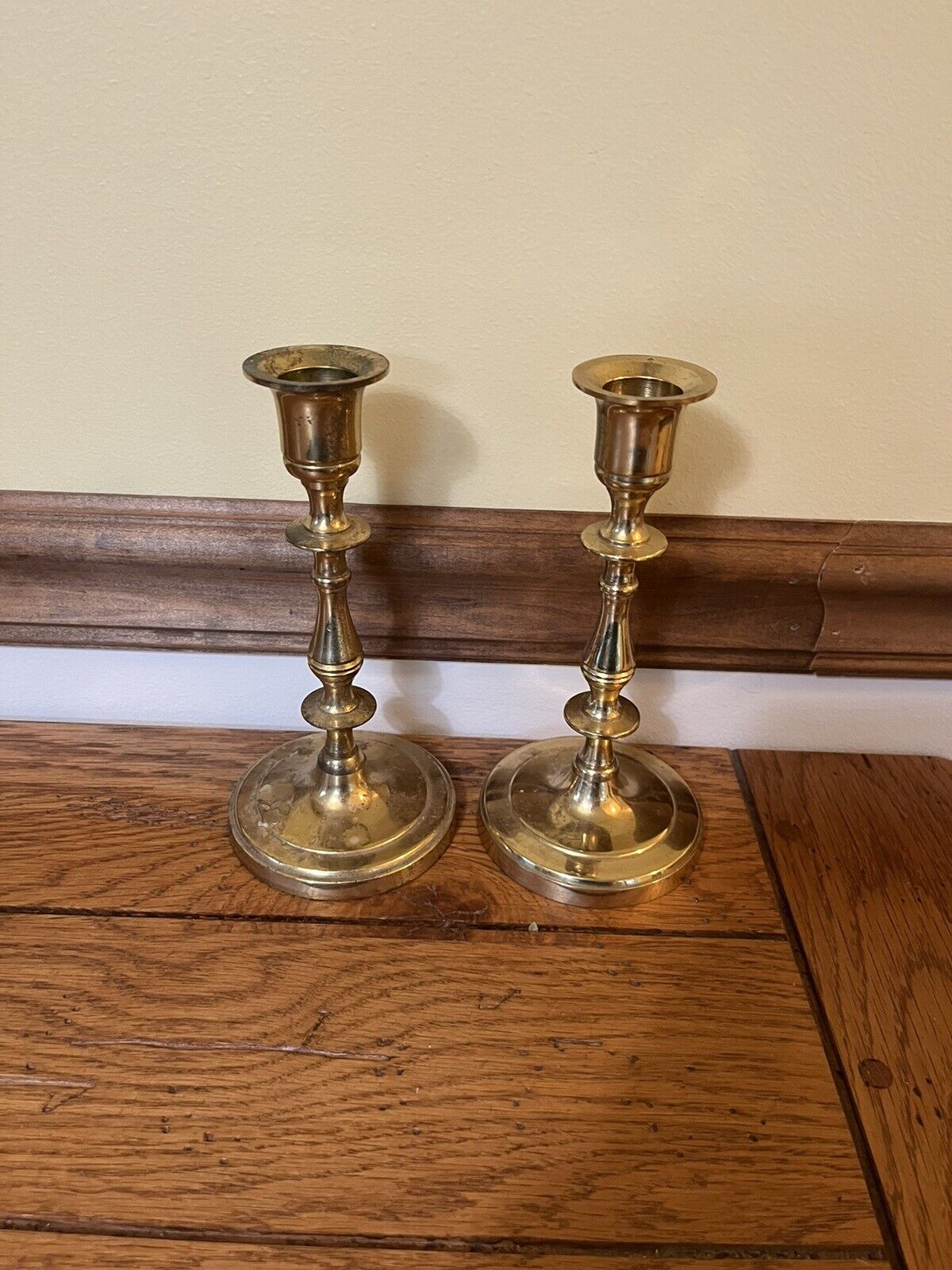 Vintage Pair of Heavy Solid Brass English Traditional Candlesticks 7”