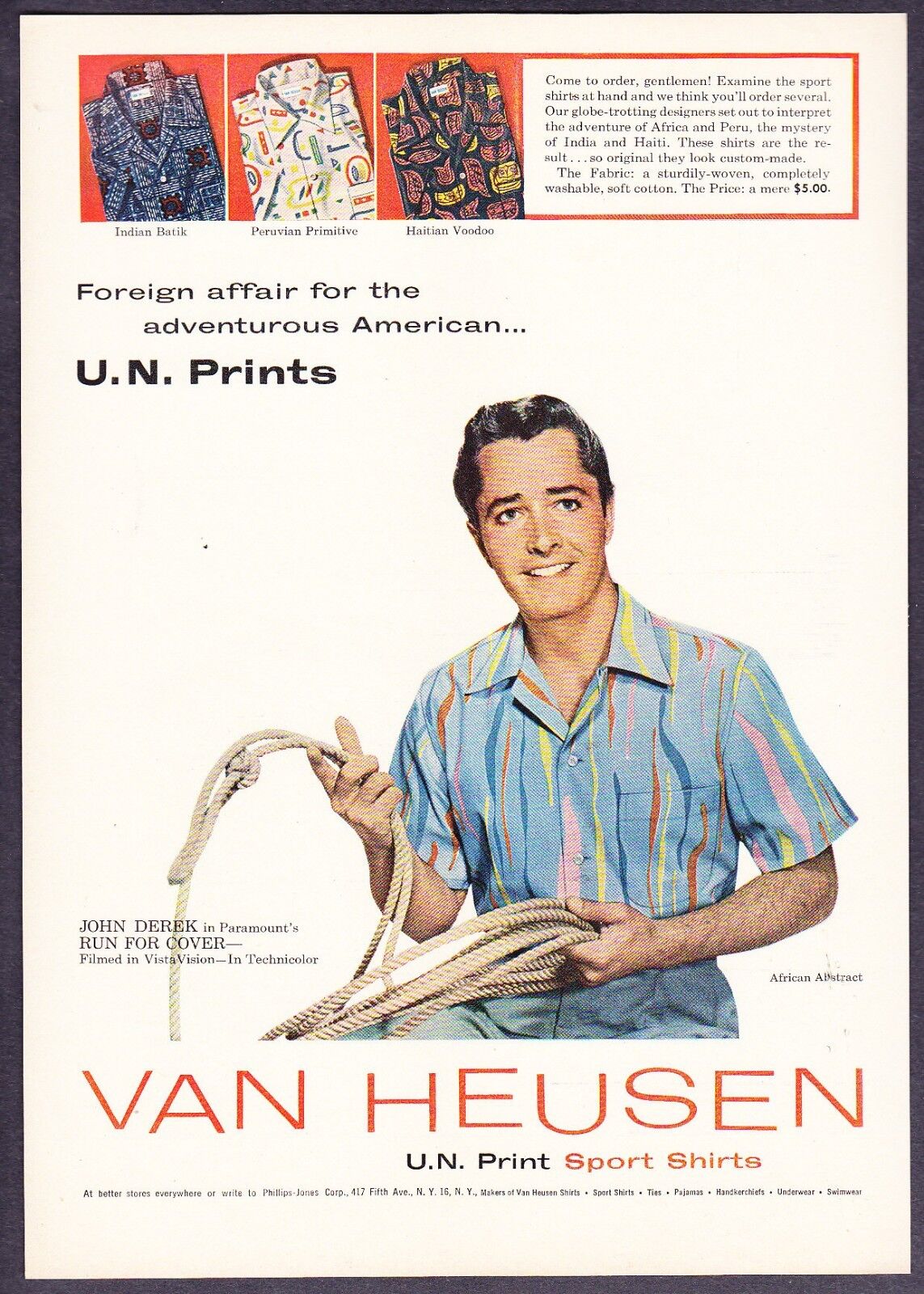 1955 Actor John Derek photo Van Heusen Shirts U.N. African Print vintage ad