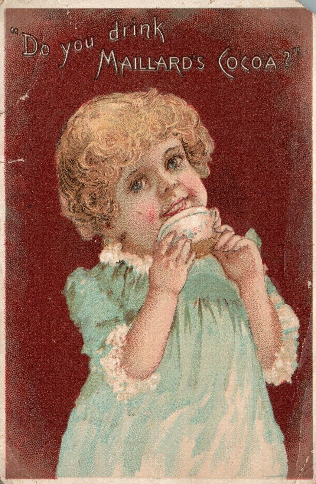 1880s-90s Little Girl Drinking Tea Maillard\'s Cocoa Chocolate School Trade Card
