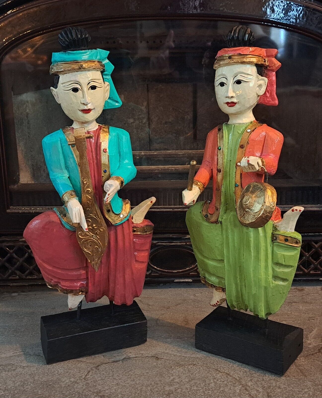 Set Of 2 Restored Vintage Carved Wood Thai/Asian Musician Statues 18 In. Tall