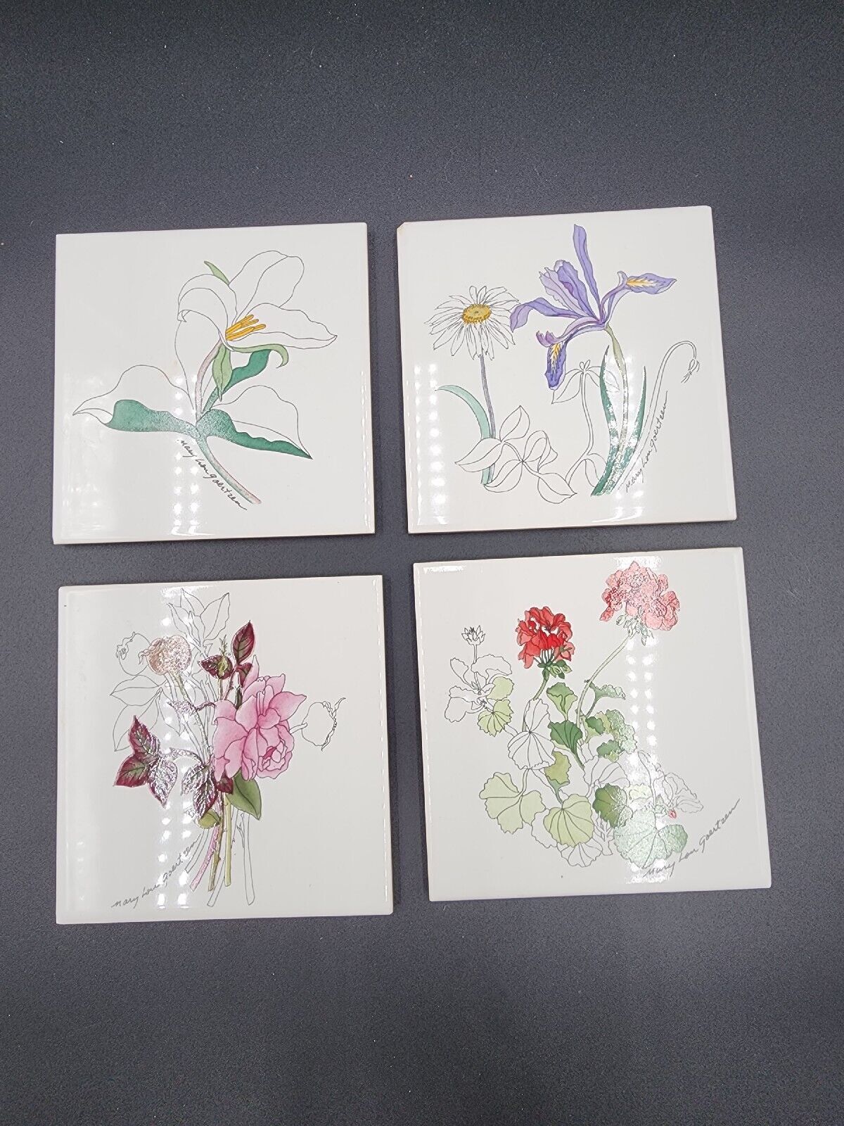 Set of 4 Block Spal Tiles Coasters Trivets Portugal Flowers Watercolors