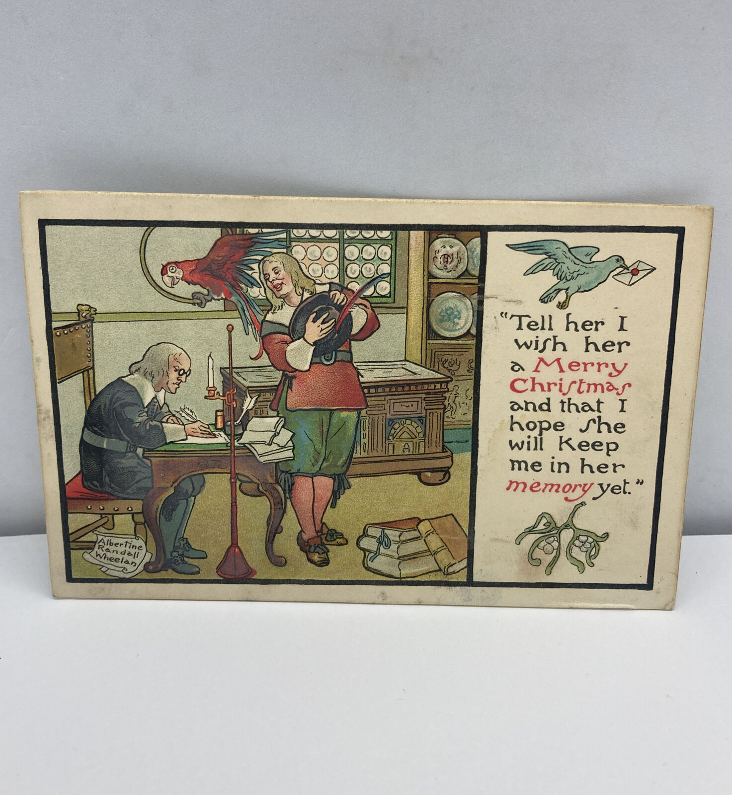 1913 Merry Christmas Working Man Parrot Mistletoe 1913 Posted Postcard