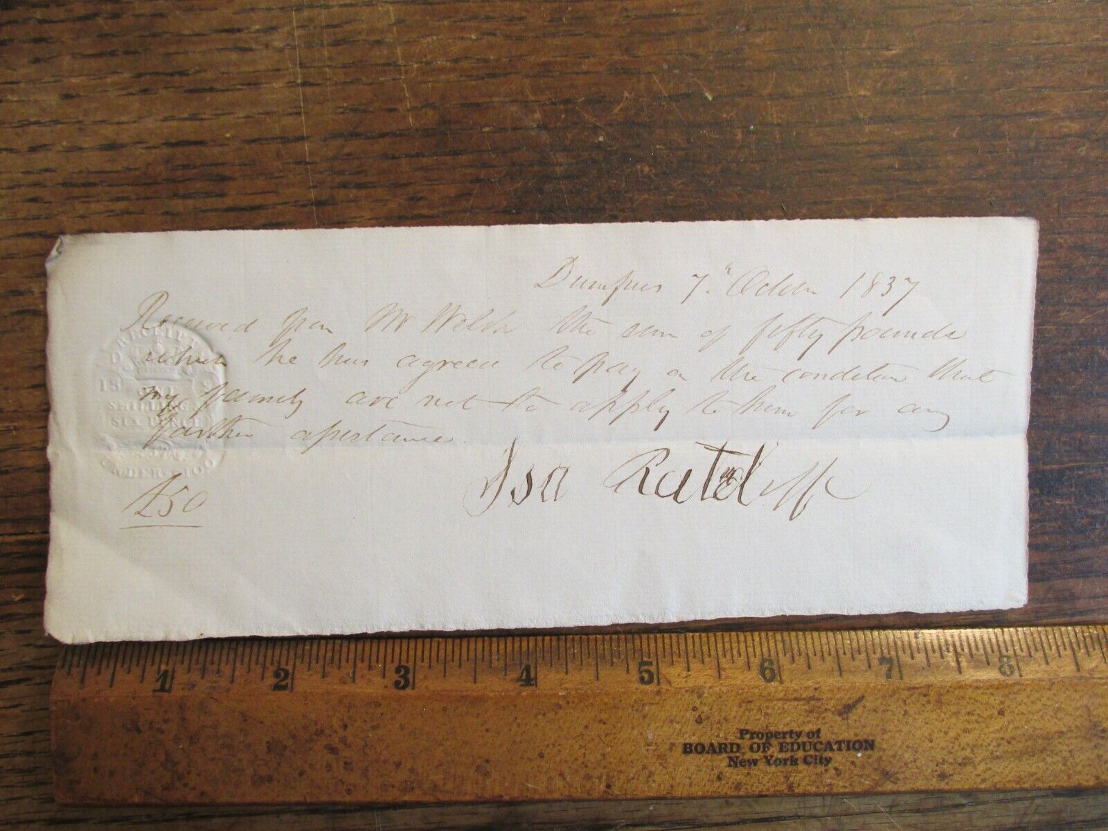 Antique Ephemera Document 1837 Payment Receipt with Stamp Seal